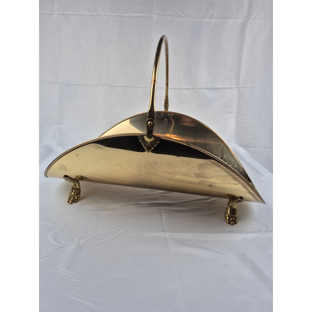 Vintage Brass Fireplace Log Holder Lion Paw Feet Movable Handle Hearth Decor